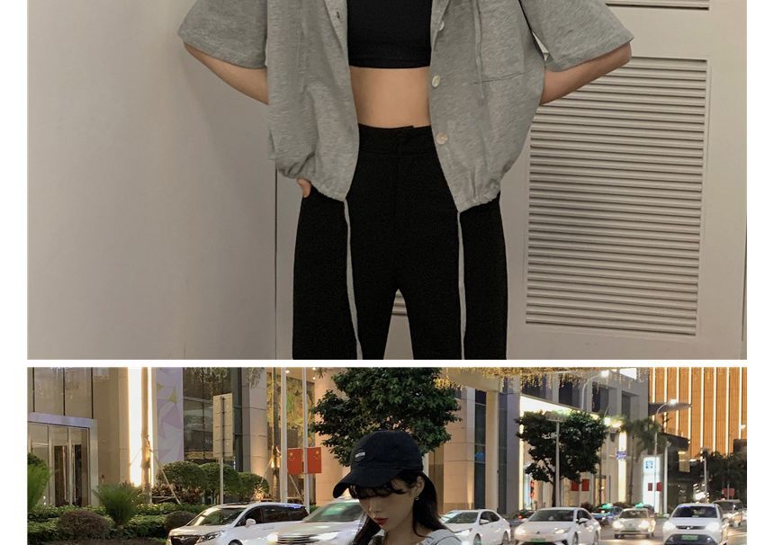 Hooded Plain Button-Up Short-Sleeve Cropped Tee