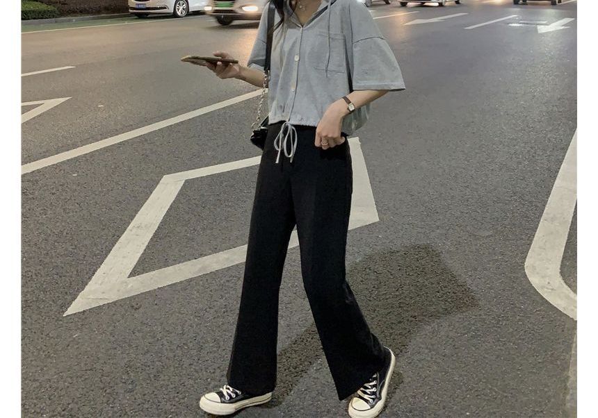 Hooded Plain Button-Up Short-Sleeve Cropped Tee