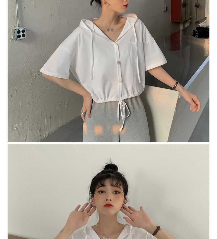 Hooded Plain Button-Up Short-Sleeve Cropped Tee