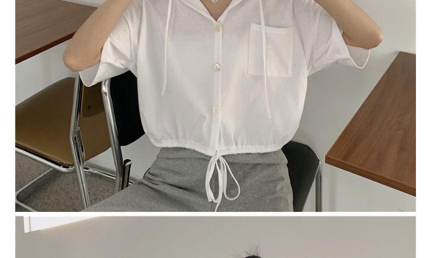 Hooded Plain Button-Up Short-Sleeve Cropped Tee