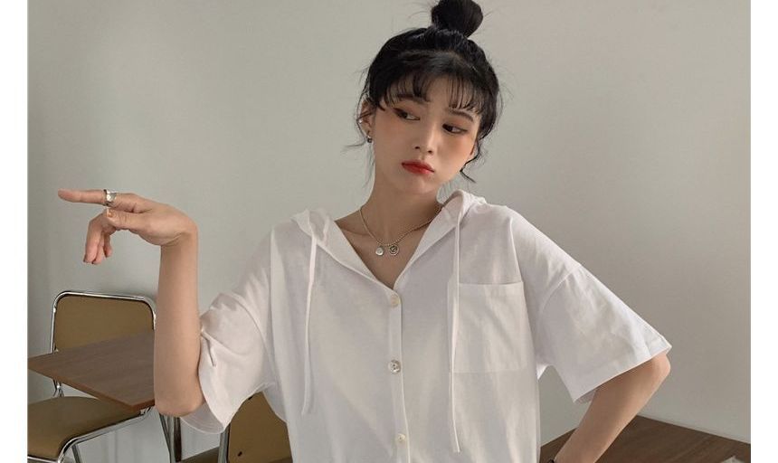 Hooded Plain Button-Up Short-Sleeve Cropped Tee