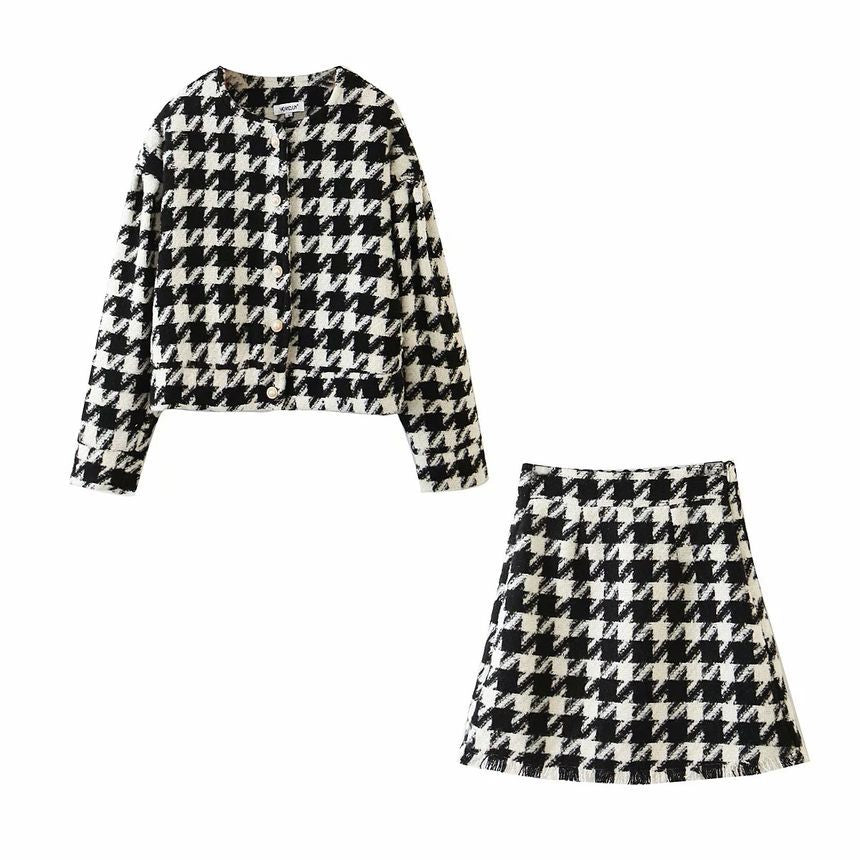 Set: Round Neck Houndstooth Button Jacket + High Waist Mini A-Line Skirt