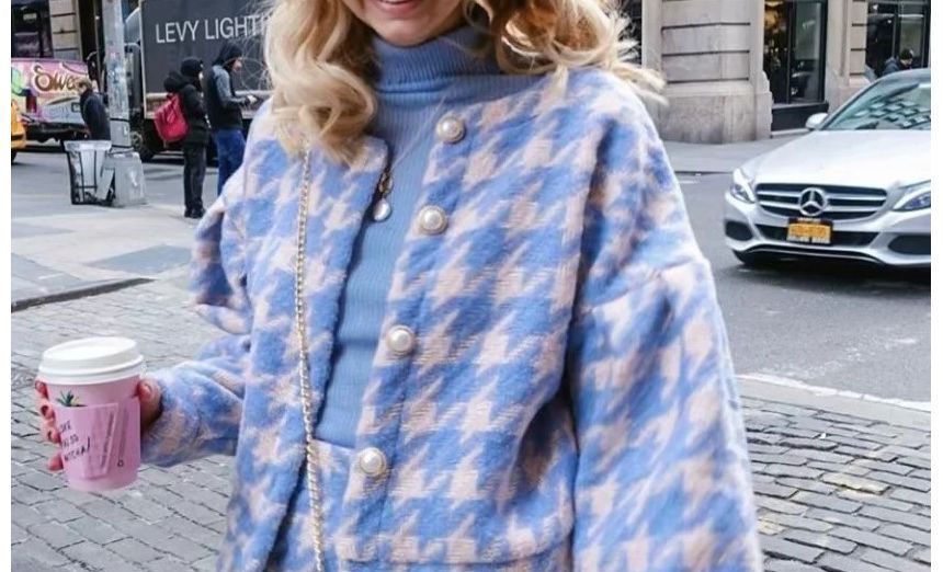 Set: Round Neck Houndstooth Button Jacket + High Waist Mini A-Line Skirt