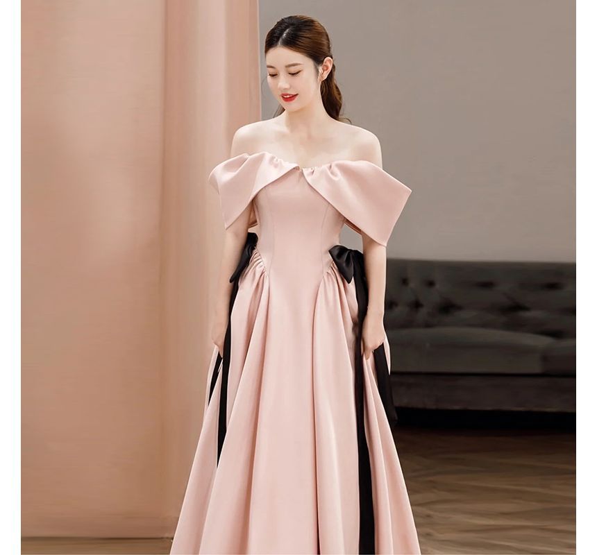 Cold-Shoulder Plain Bow A-Line Evening Gown