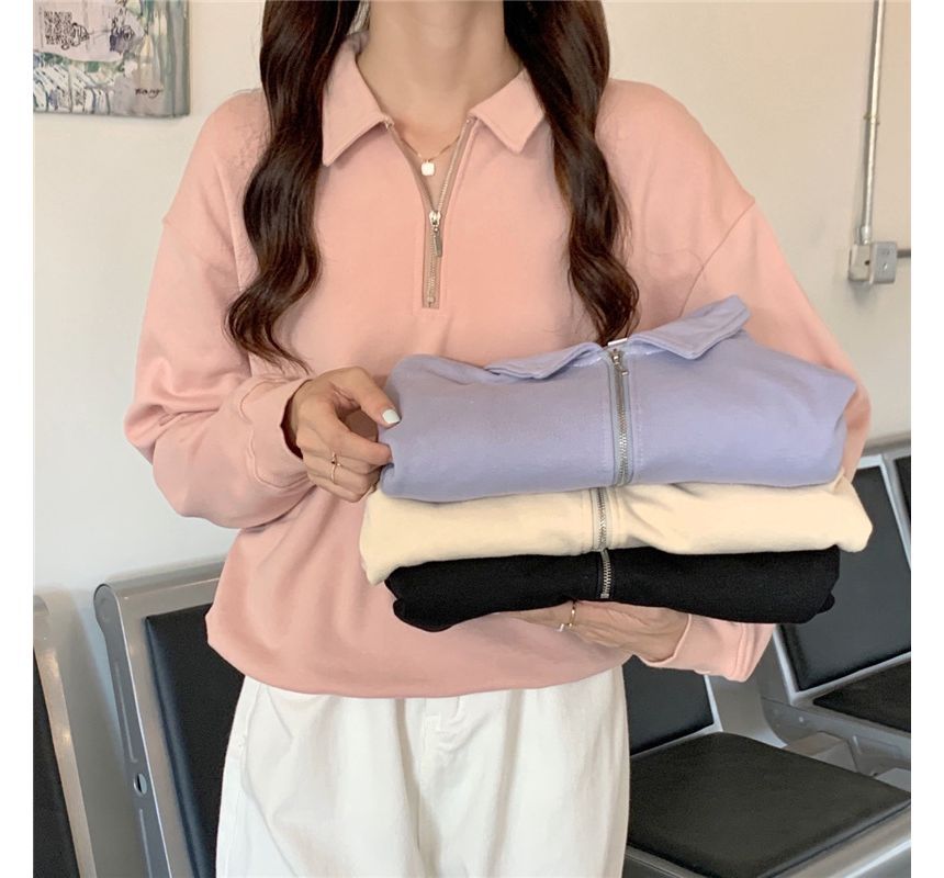 Plain Sweatshirt Polo-Neck Long-Sleeve Half-Zip