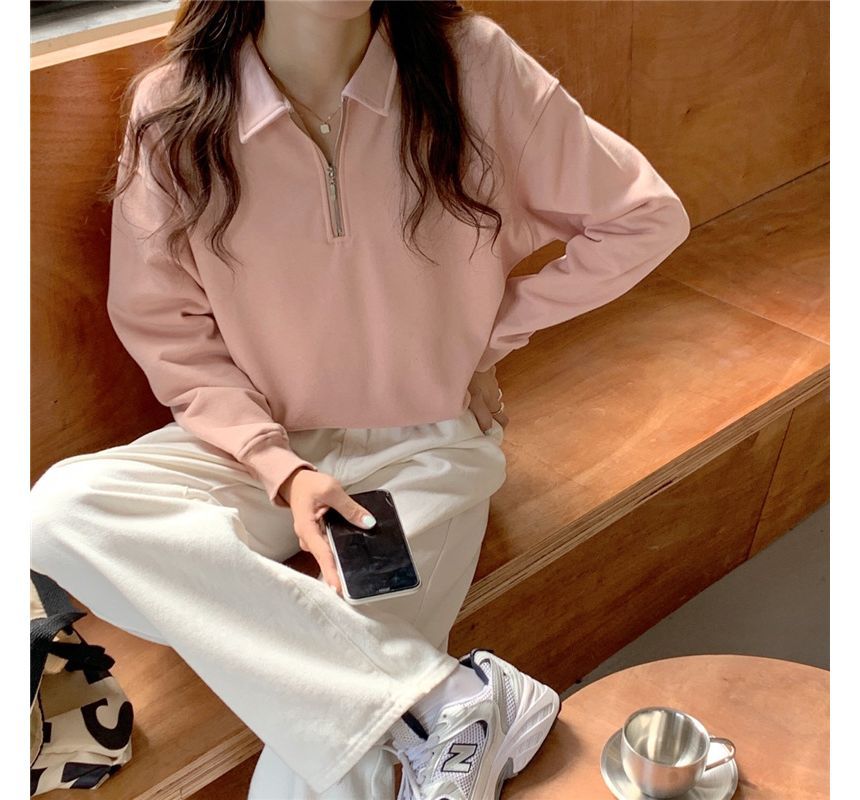 Plain Sweatshirt Polo-Neck Long-Sleeve Half-Zip