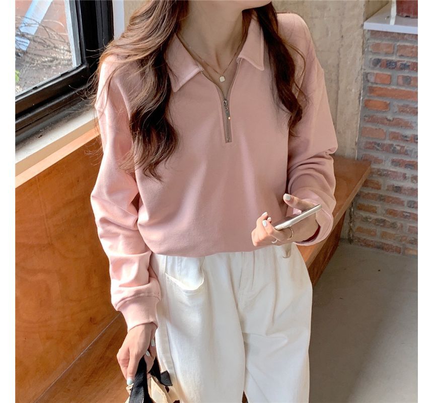 Plain Sweatshirt Polo-Neck Long-Sleeve Half-Zip