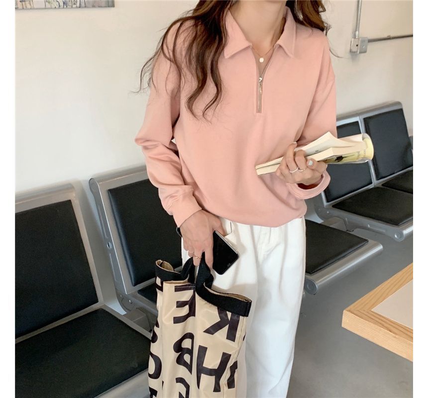 Plain Sweatshirt Polo-Neck Long-Sleeve Half-Zip