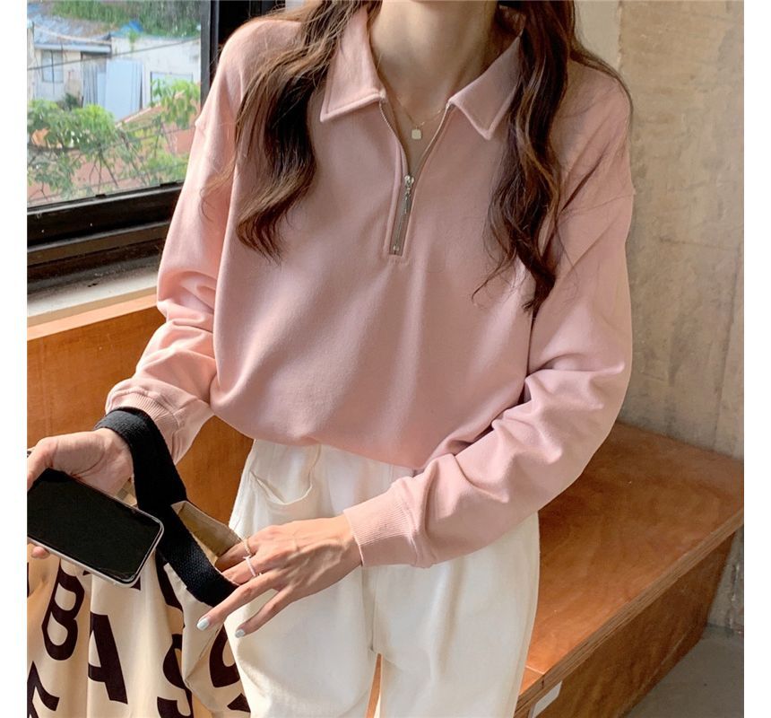 Plain Sweatshirt Polo-Neck Long-Sleeve Half-Zip