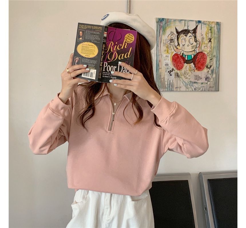 Plain Sweatshirt Polo-Neck Long-Sleeve Half-Zip