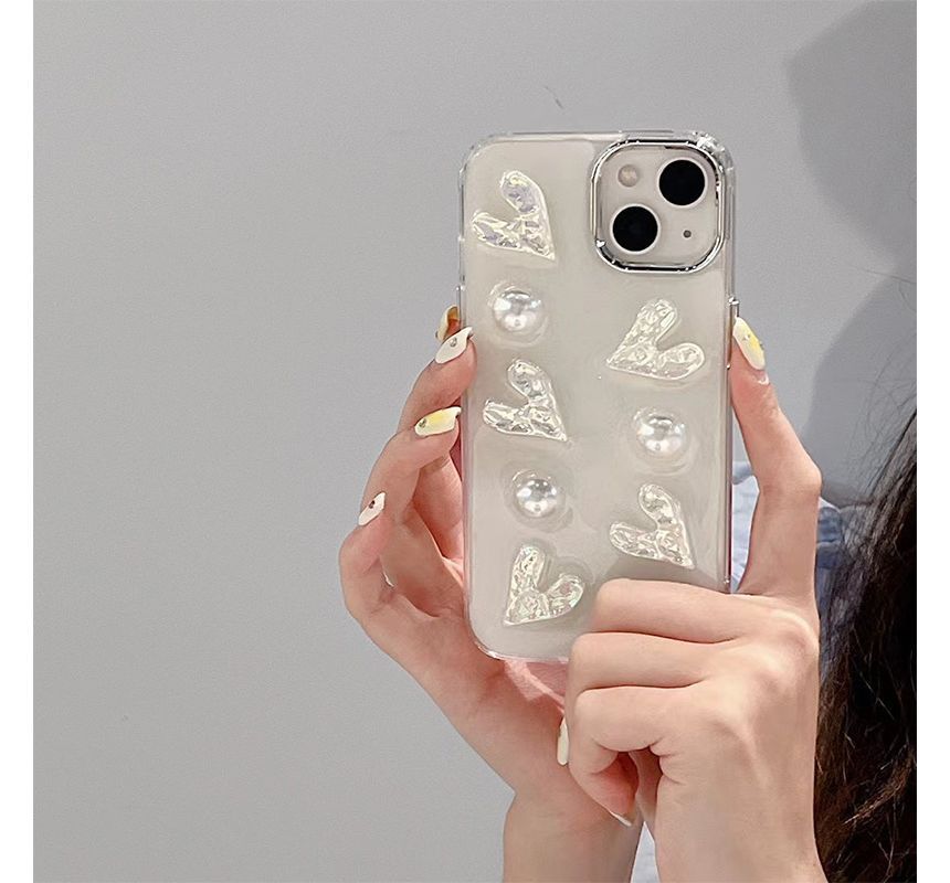 Heart Faux Pearl Phone Case - iPhone 14 Pro Max / 14 Pro / 14 Max / 14 / 13 Pro Max / 13 Pro / 13 / 13 mini / 12 Pro Max / 12 Pro / 12 / 12 mini / 11 Pro Max / 11 Pro / 11 / SE / XS Max / XS / XR / X / 8 / 8 Plus / 7 / 7 Plus
