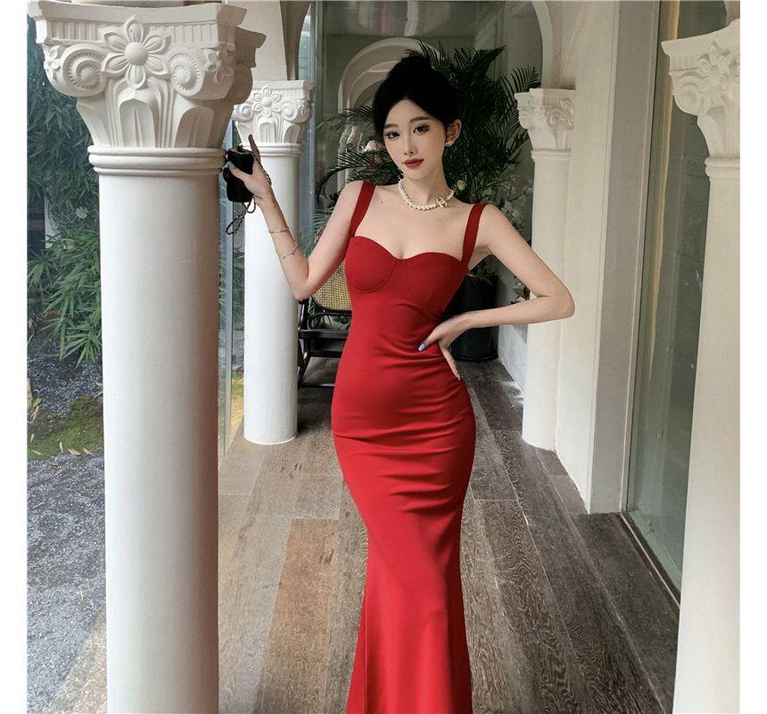 Plain Maxi Mermaid Dress with Spaghetti Straps