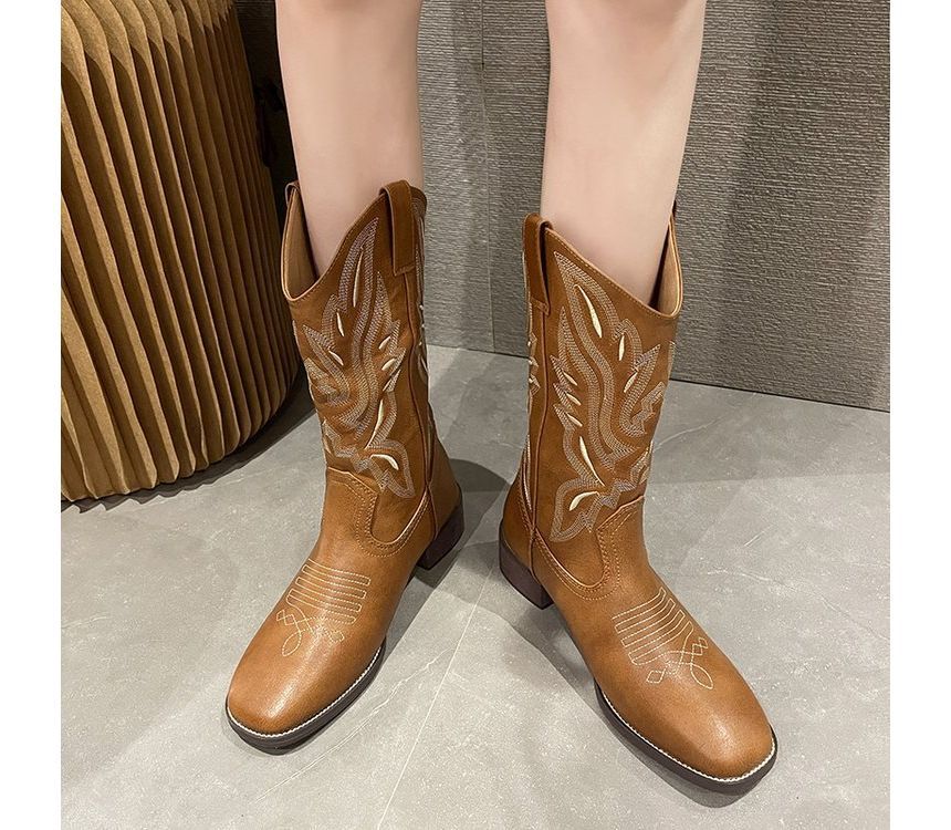 Heel Boots Chunky Cowboy Embroidered