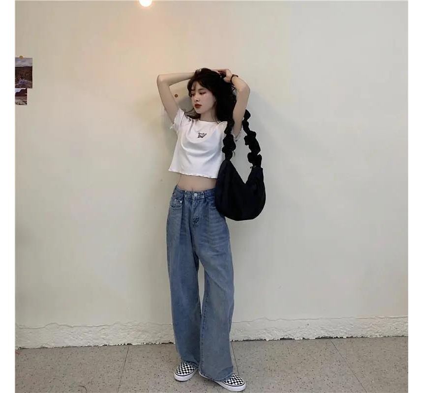 Short-Sleeve Edge Lettuce Embroidered Butterfly Neck T-Shirt Crop Crew