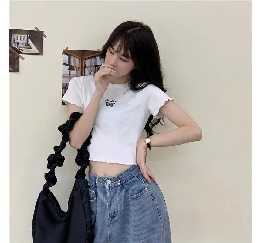 Short-Sleeve Edge Lettuce Embroidered Butterfly Neck T-Shirt Crop Crew