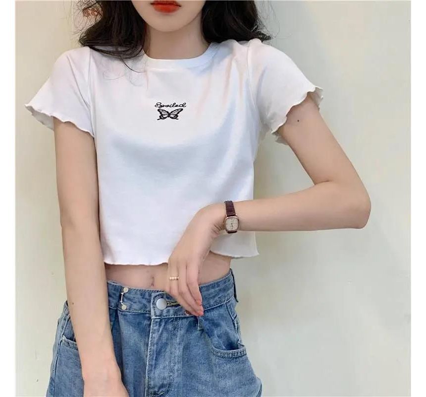 Short-Sleeve Edge Lettuce Embroidered Butterfly Neck T-Shirt Crop Crew