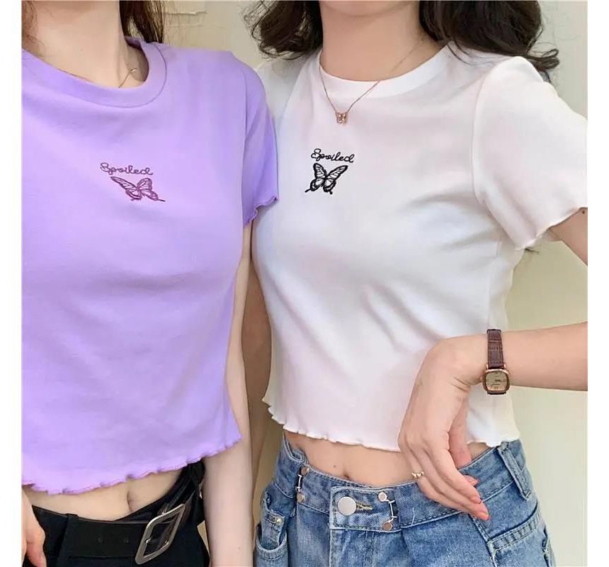 Short-Sleeve Edge Lettuce Embroidered Butterfly Neck T-Shirt Crop Crew