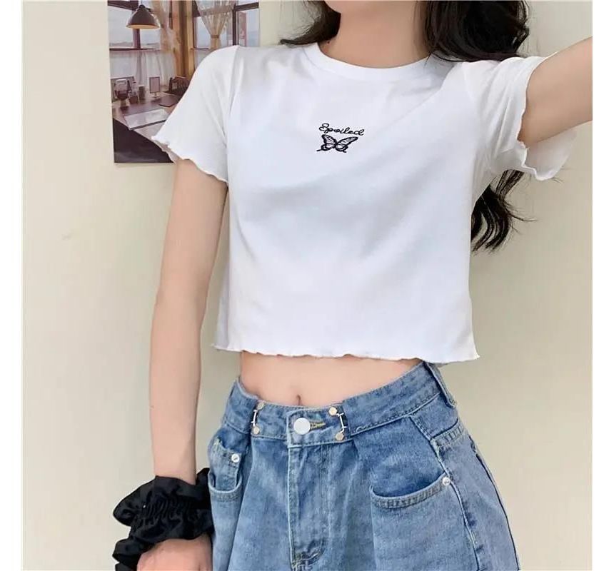 Short-Sleeve Edge Lettuce Embroidered Butterfly Neck T-Shirt Crop Crew