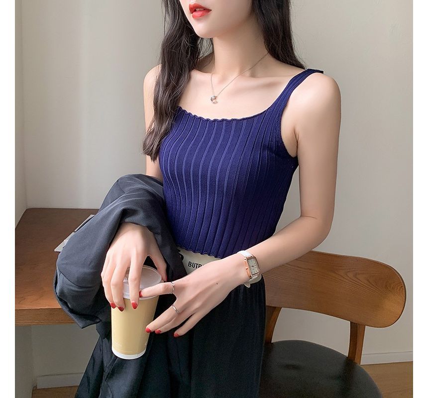 Square Tank Neck Top Ribbed Plain Crop Knit
