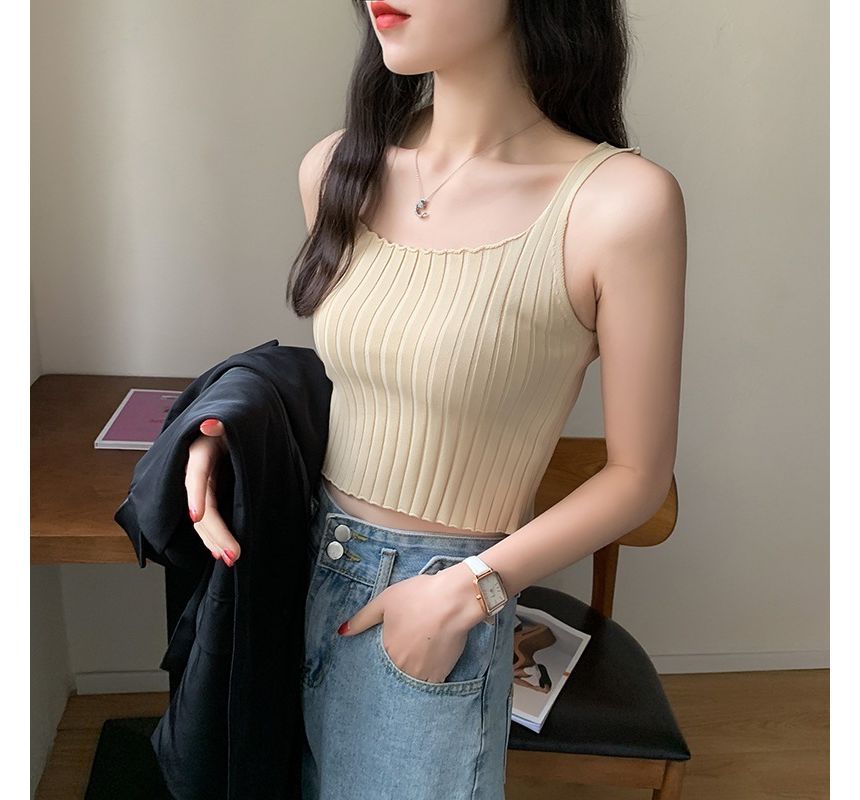 Square Tank Neck Top Ribbed Plain Crop Knit
