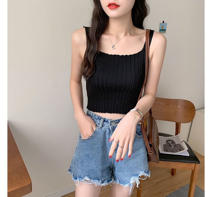 Square Tank Neck Top Ribbed Plain Crop Knit
