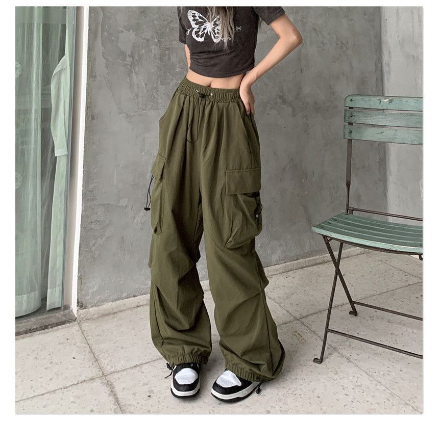Wide Pants Plain Cargo Drawstring Leg Waist