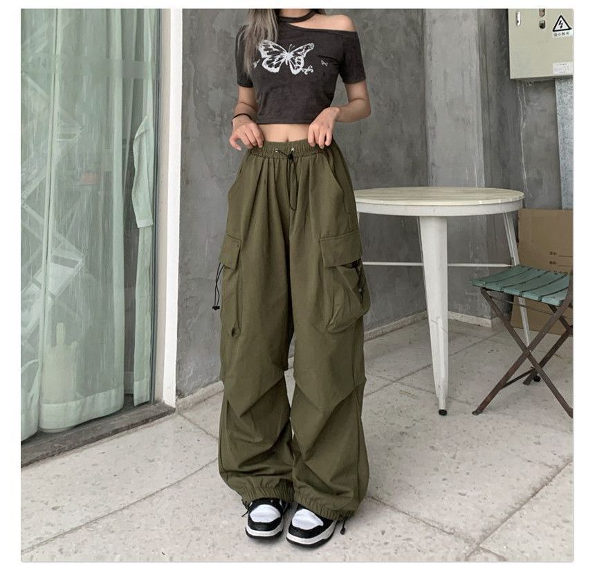 Wide Pants Plain Cargo Drawstring Leg Waist