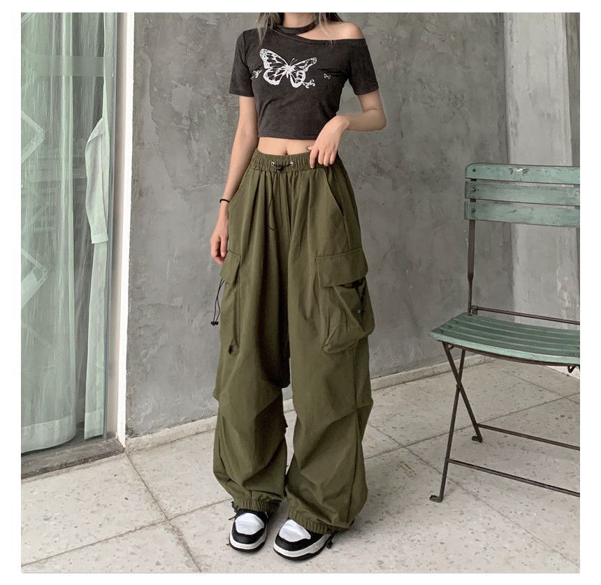 Wide Pants Plain Cargo Drawstring Leg Waist