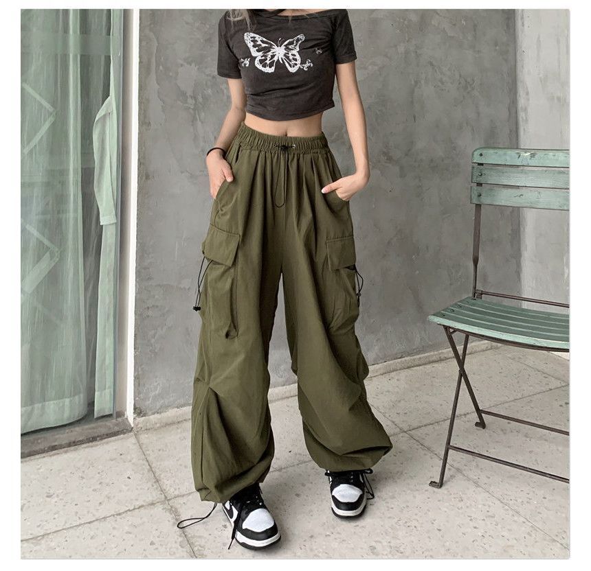 Wide Pants Plain Cargo Drawstring Leg Waist