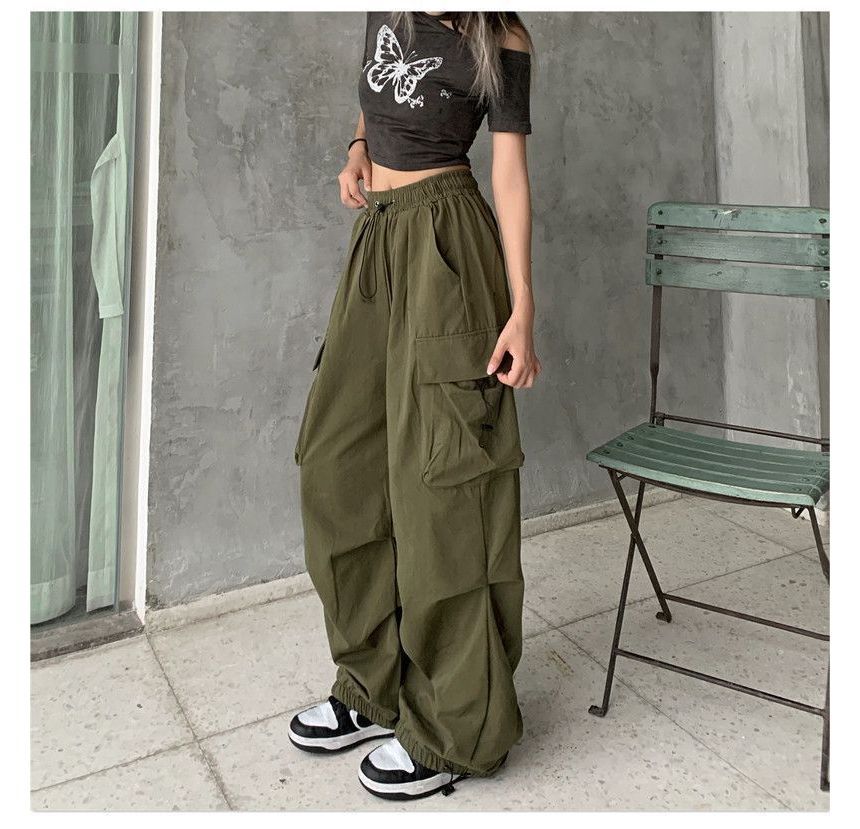 Wide Pants Plain Cargo Drawstring Leg Waist