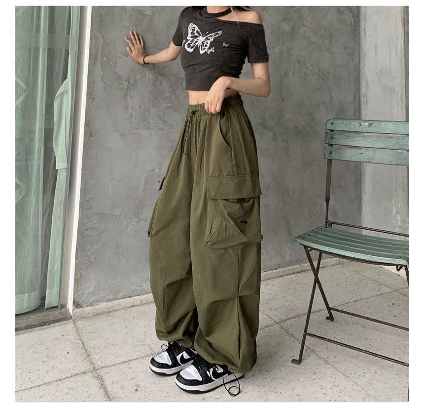 Wide Pants Plain Cargo Drawstring Leg Waist