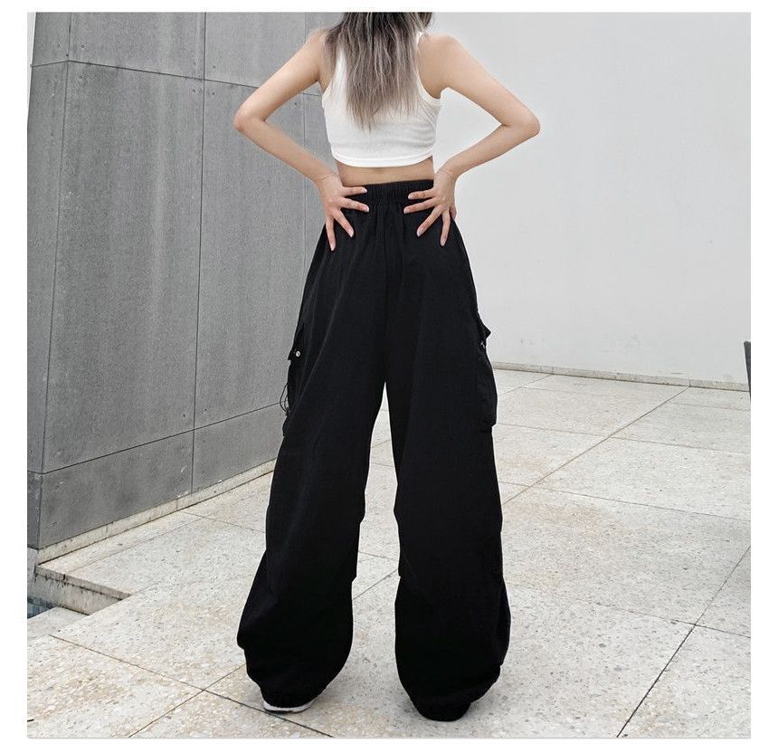 Wide Pants Plain Cargo Drawstring Leg Waist