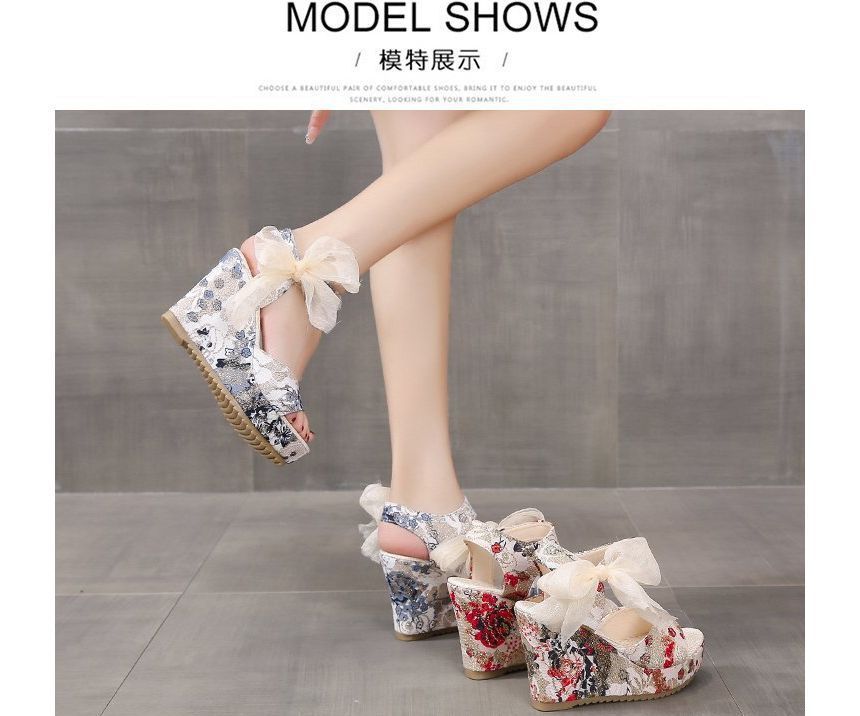 Wedge Floral Bow Heel Platform Sandals