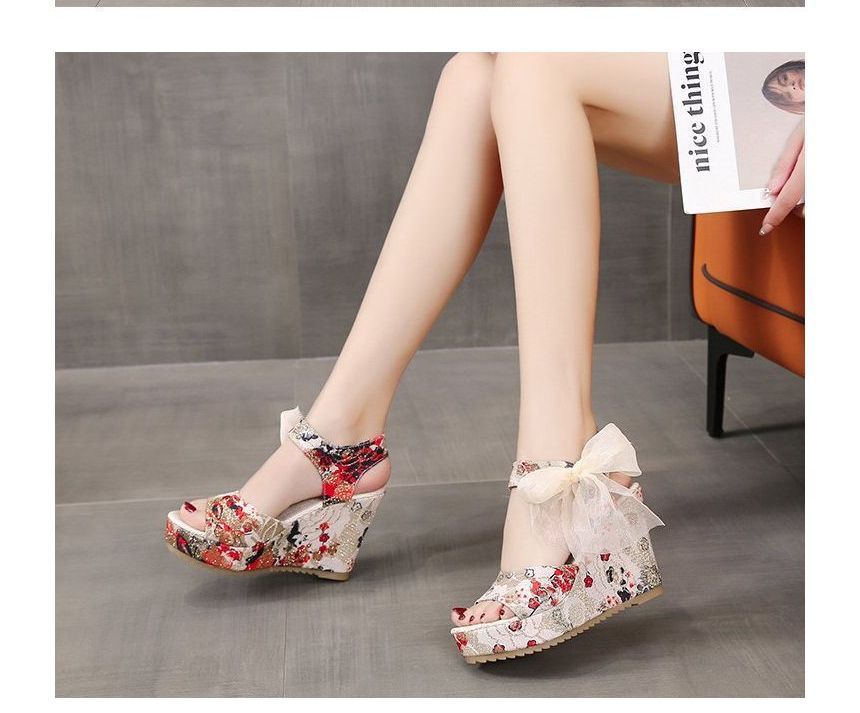 Wedge Floral Bow Heel Platform Sandals