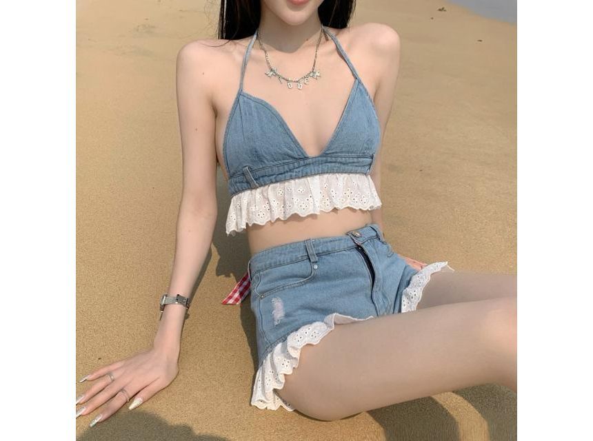 Halter Plain Lace Trim Denim Bralette Top / High Waist Distressed Denim Hot Pants / Set