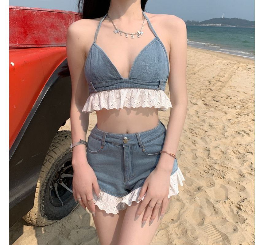 Halter Plain Lace Trim Denim Bralette Top / High Waist Distressed Denim Hot Pants / Set