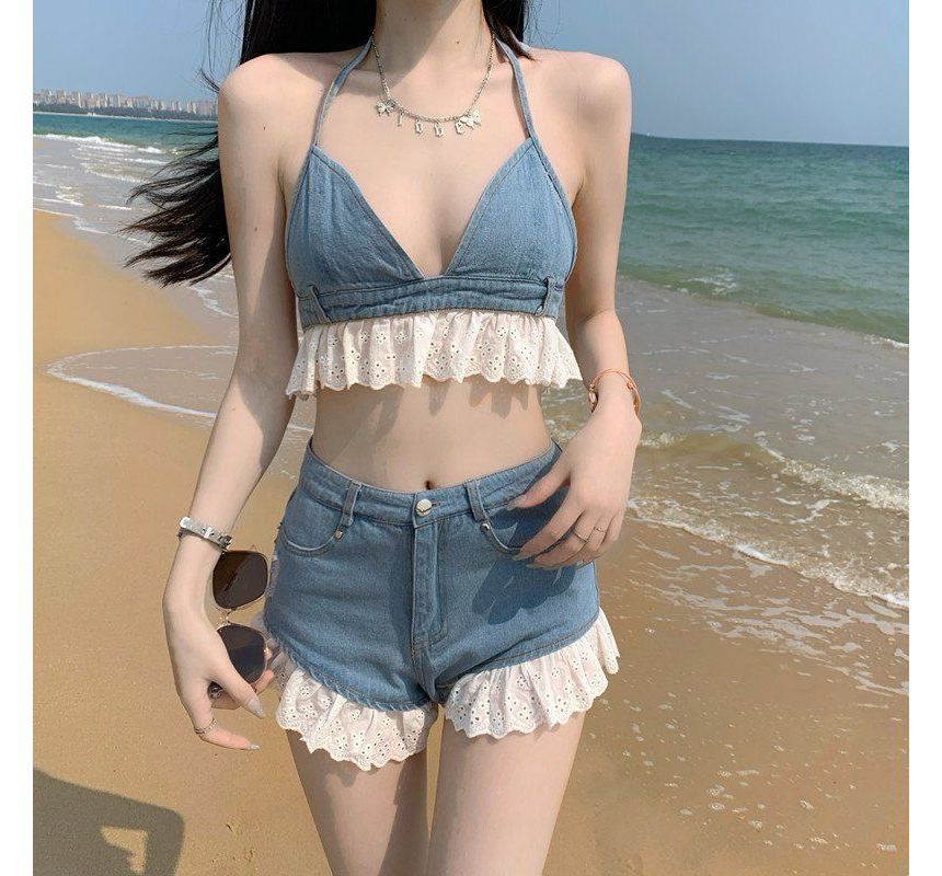 Halter Plain Lace Trim Denim Bralette Top / High Waist Distressed Denim Hot Pants / Set