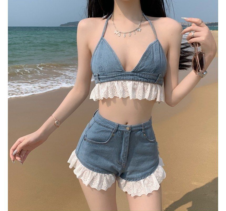 Halter Plain Lace Trim Denim Bralette Top / High Waist Distressed Denim Hot Pants / Set
