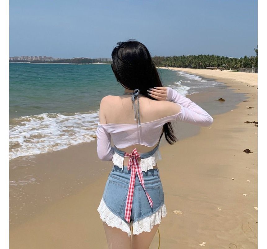 Halter Plain Lace Trim Denim Bralette Top / High Waist Distressed Denim Hot Pants / Set