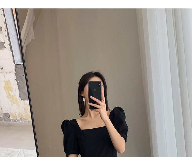 Midi Square Short-Sleeve Dress A-Line Neck Plain