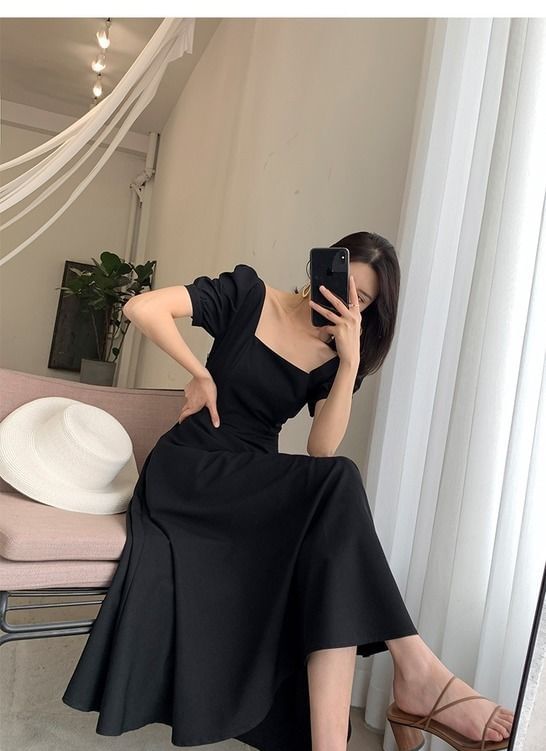 Midi Square Short-Sleeve Dress A-Line Neck Plain