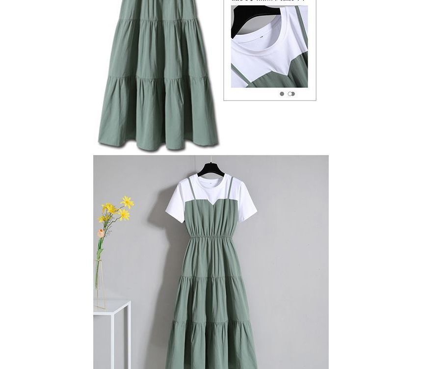 A-Line Mock Tiered Short-Sleeve Midi Two-Piece Crew Neck Dress