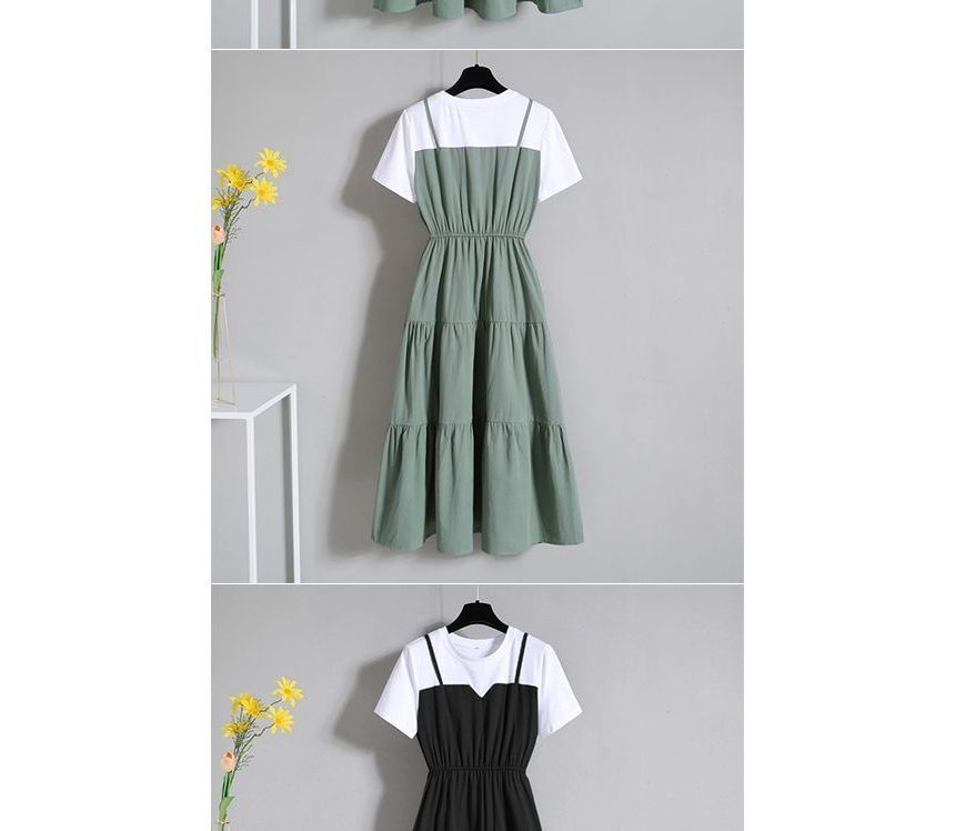 A-Line Mock Tiered Short-Sleeve Midi Two-Piece Crew Neck Dress