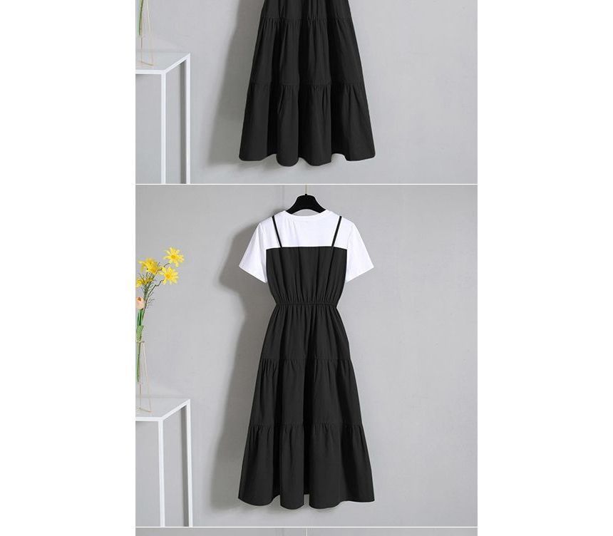 A-Line Mock Tiered Short-Sleeve Midi Two-Piece Crew Neck Dress