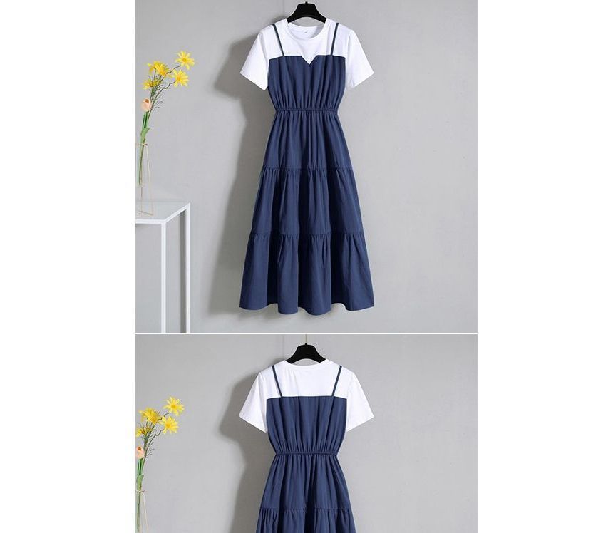A-Line Mock Tiered Short-Sleeve Midi Two-Piece Crew Neck Dress