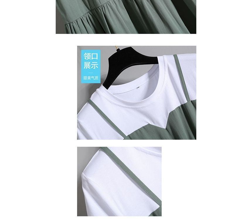 A-Line Mock Tiered Short-Sleeve Midi Two-Piece Crew Neck Dress