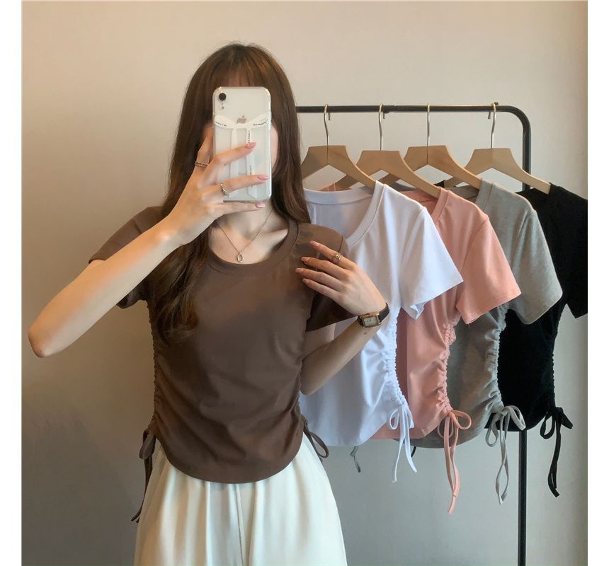 Tee Plain Drawstring Crew Short-Sleeve Neck