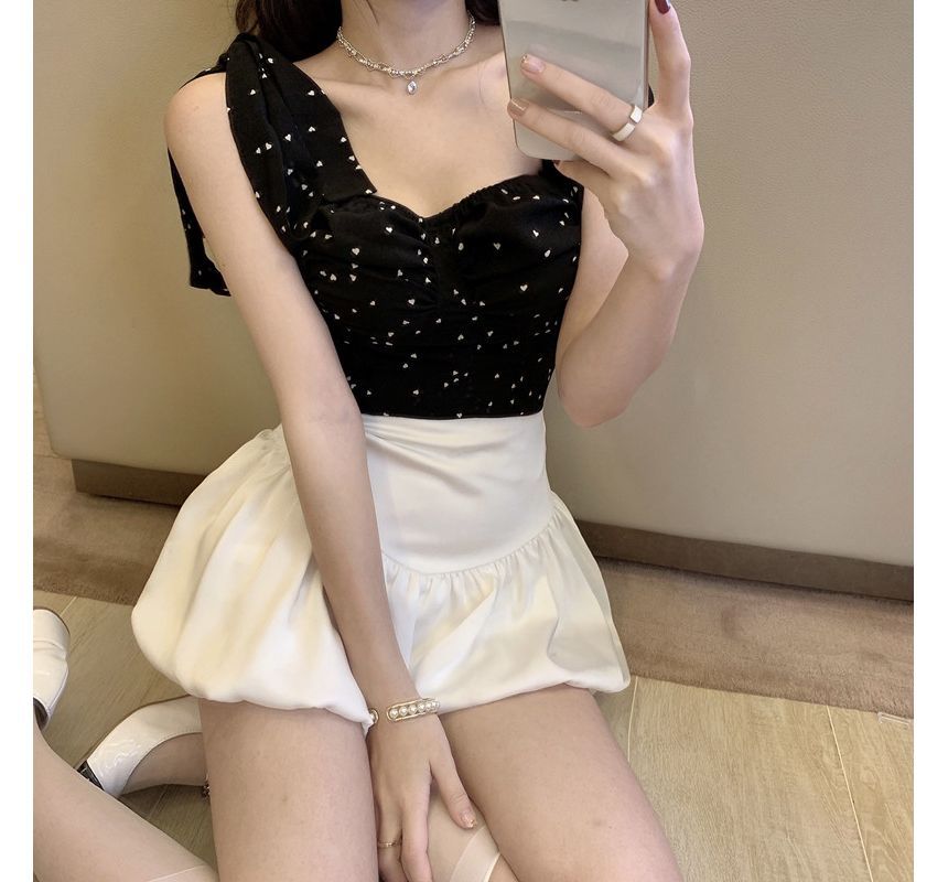 Top Shoulder Heart Ruched Camisole Tie Print