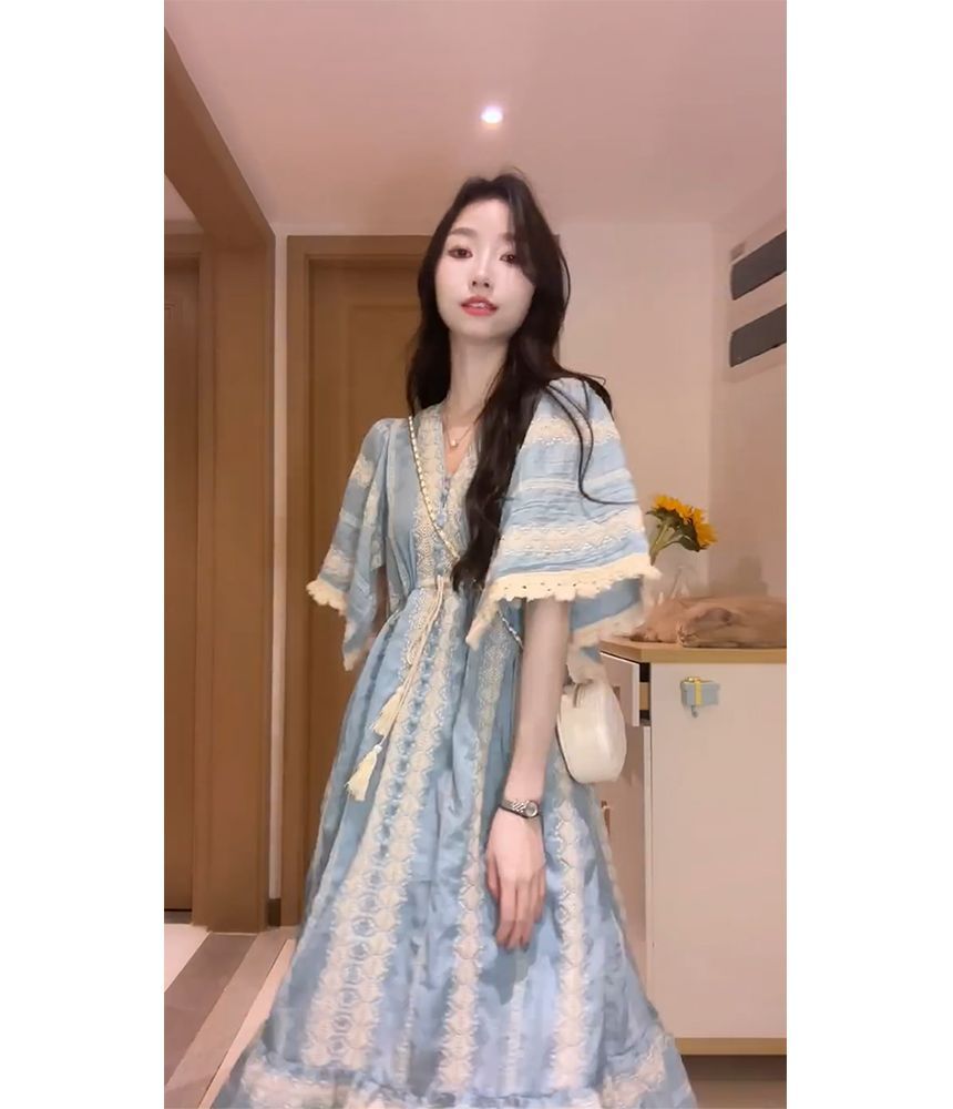 A-Line V-Neck Embroidered Midi Panel Dress Elbow-Sleeve Tassel