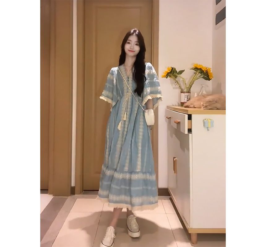 A-Line V-Neck Embroidered Midi Panel Dress Elbow-Sleeve Tassel